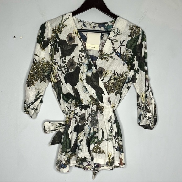 Giulia Dal Piano Size Medium NEW Linen Floral Surplice Blouse Roll Tab Belted - Picture 2 of 9